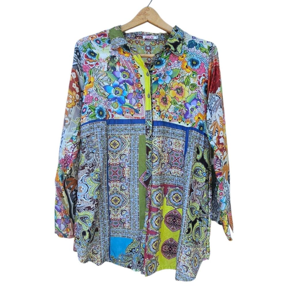 Johnny Was Silk Patchwork Floral Boho Tunic Blouse Top M Medium